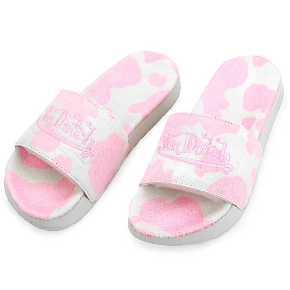 Von Dutch MEN'S PINK & WHITE COW PRINT PONY HAIR SLIDES | NEW/NIB!!‎ 🩷🐮